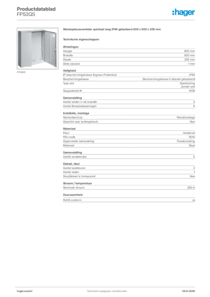 Afbeelding Hager Productdatablad FP53QS | Hager Nederland