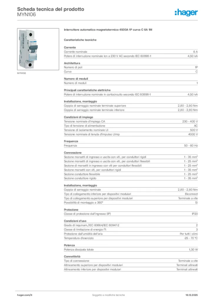 Immagine Hager Scheda tecnica del prodotto MYN106 | Hager Italia