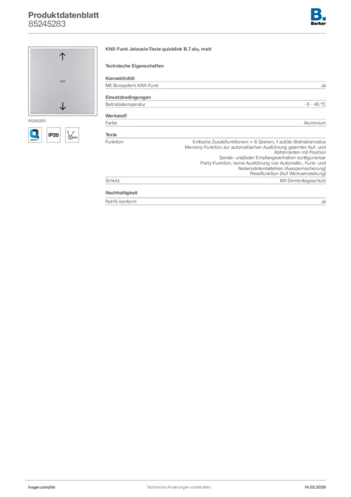 Bild Berker Produktdatenblatt 85245283 | Hager Deutschland