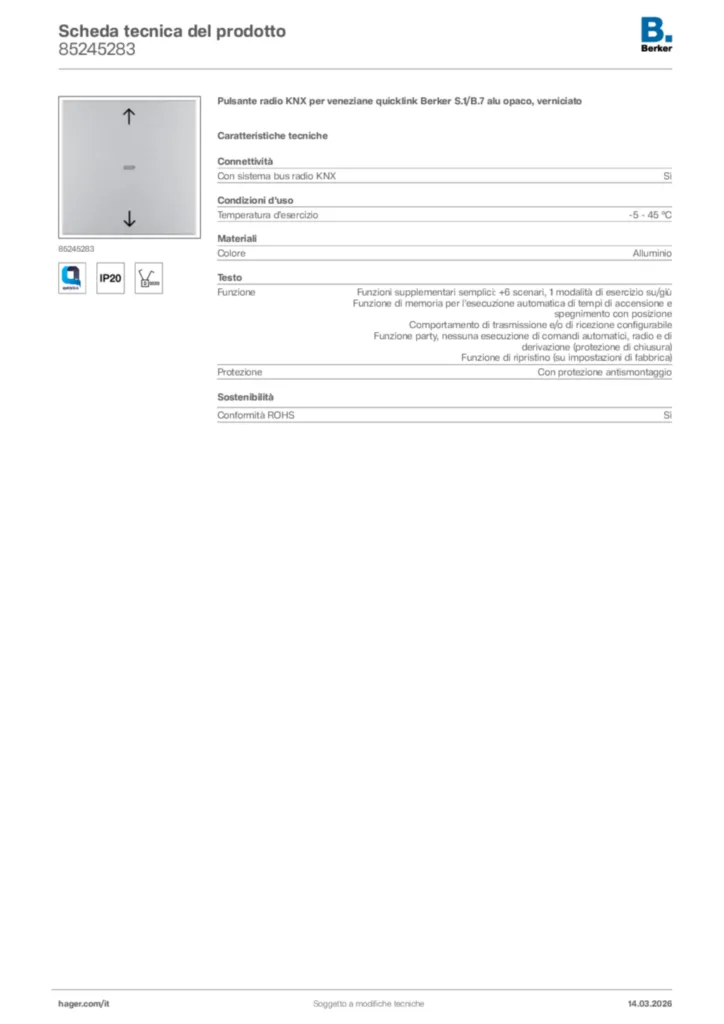 Immagine Berker Scheda tecnica del prodotto 85245283 | Hager Italia