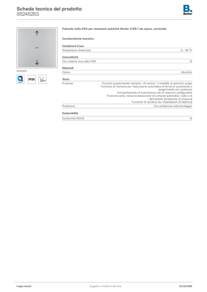 Immagine Berker Scheda tecnica del prodotto 85245283 | Hager Italia