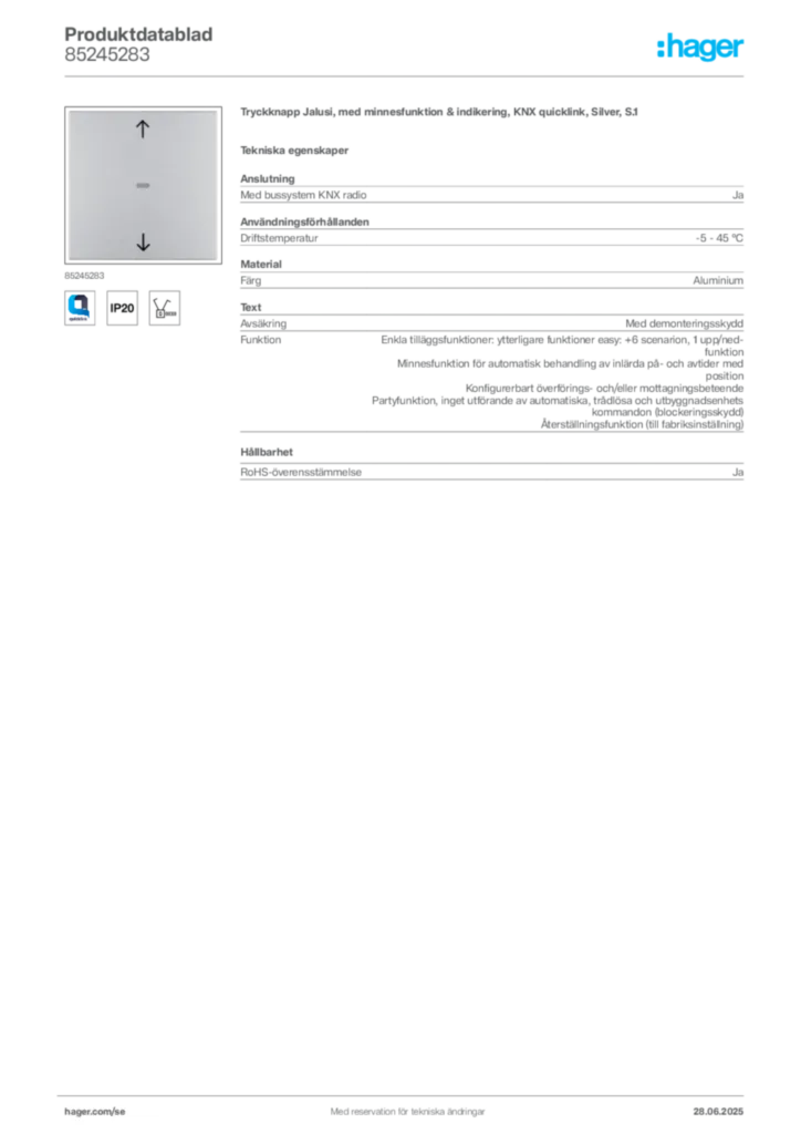 Bild Hager Produktdatablad 85245283 | Hager Sverige