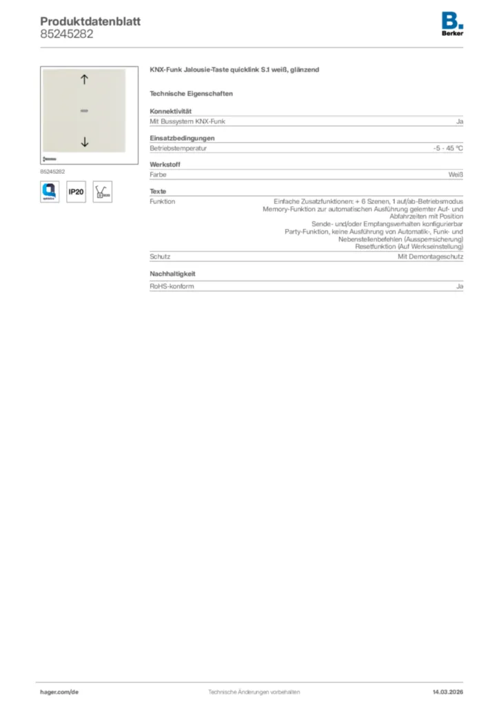 Bild Berker Produktdatenblatt 85245282 | Hager Deutschland