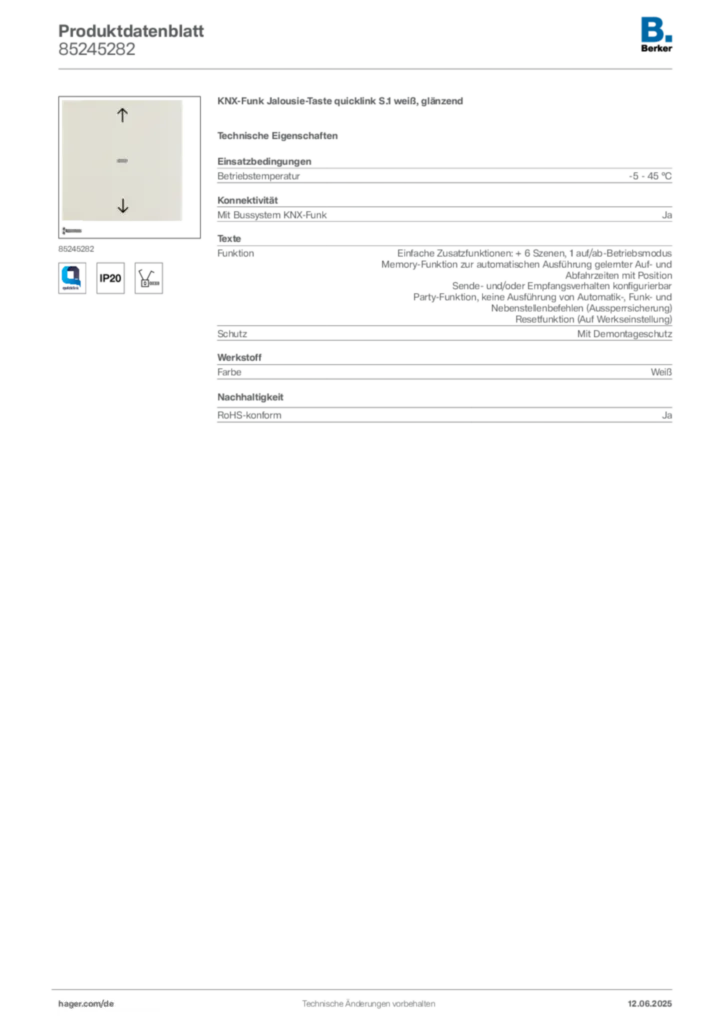 Bild Berker Produktdatenblatt 85245282 | Hager Deutschland