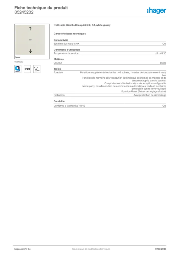 Image Hager Fiche technique du produit 85245282 | Hager Belgique