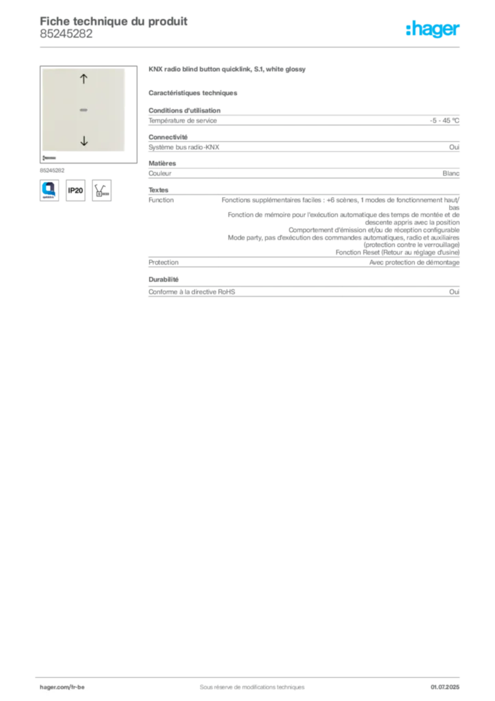 Image Hager Fiche technique du produit 85245282 | Hager Belgique