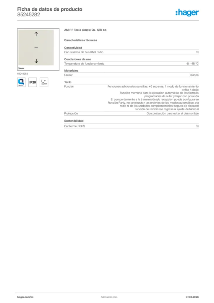 Imagen Hager Ficha de datos de producto 85245282 | Hager España