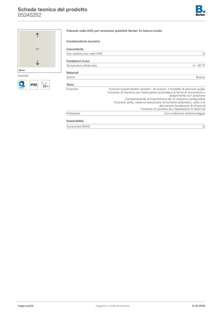 Immagine Berker Scheda tecnica del prodotto 85245282 | Hager Italia