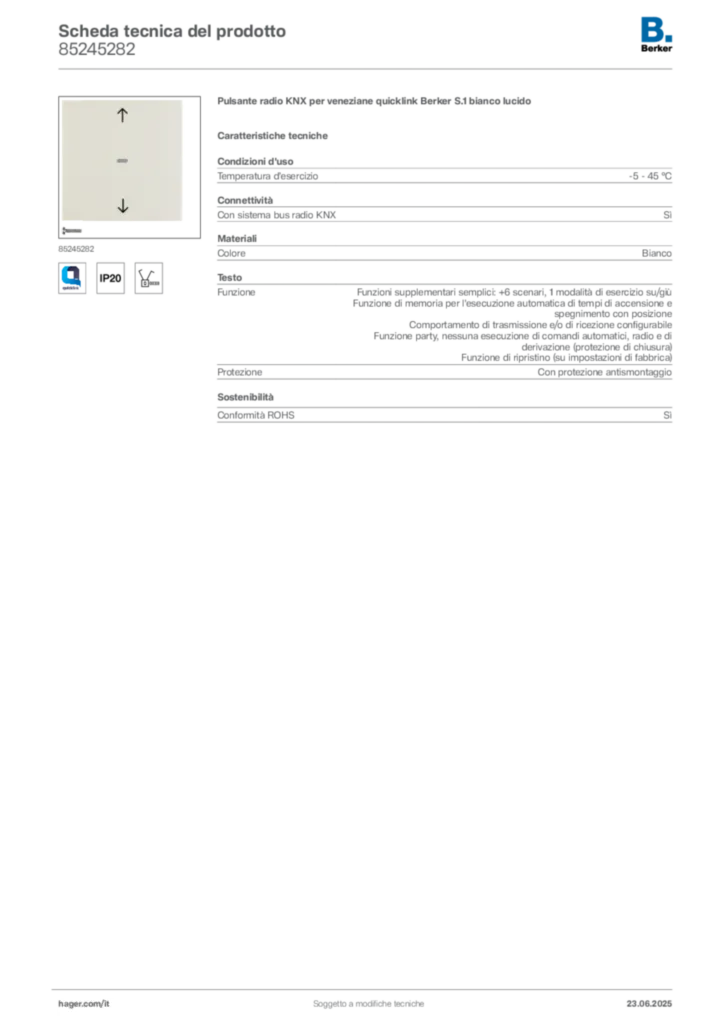 Immagine Berker Scheda tecnica del prodotto 85245282 | Hager Italia