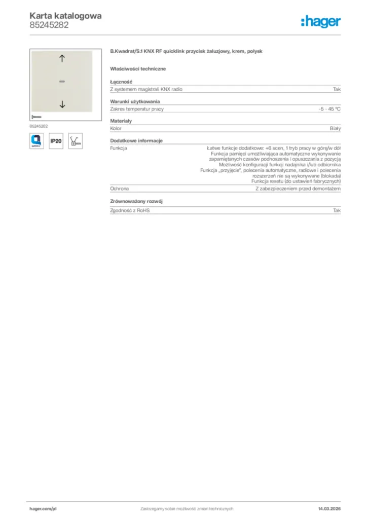Zdjęcie Hager Karta katalogowa 85245282 | Hager Polska