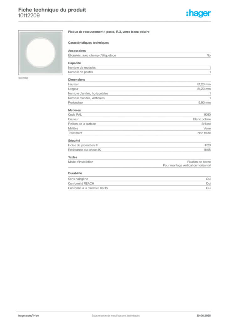 Image Hager Fiche technique du produit 10112209 | Hager Belgique