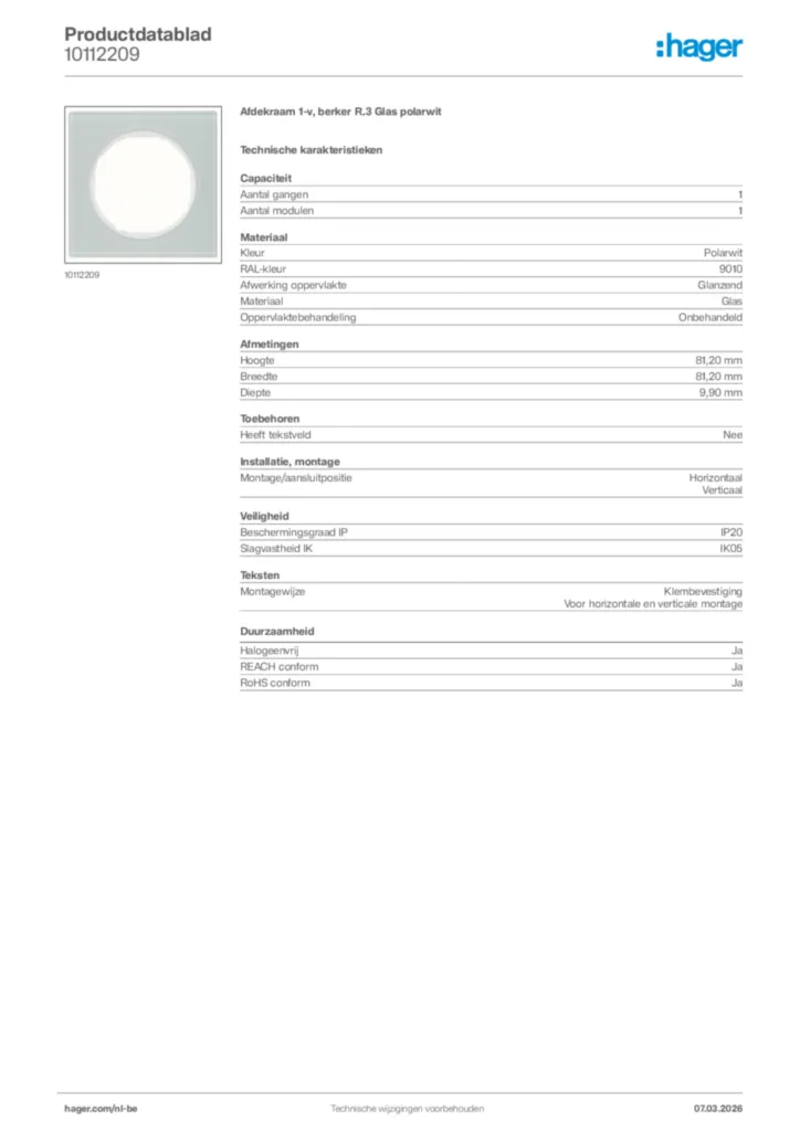 Afbeelding Hager Productdatablad 10112209 | Hager Belgium