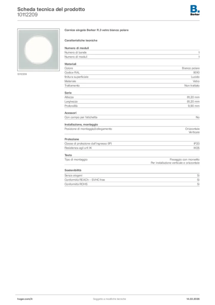 Immagine Berker Scheda tecnica del prodotto 10112209 | Hager Italia