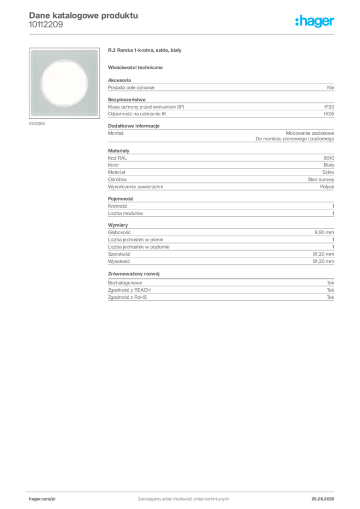 Zdjęcie Hager Karta katalogowa 10112209 | Hager Polska