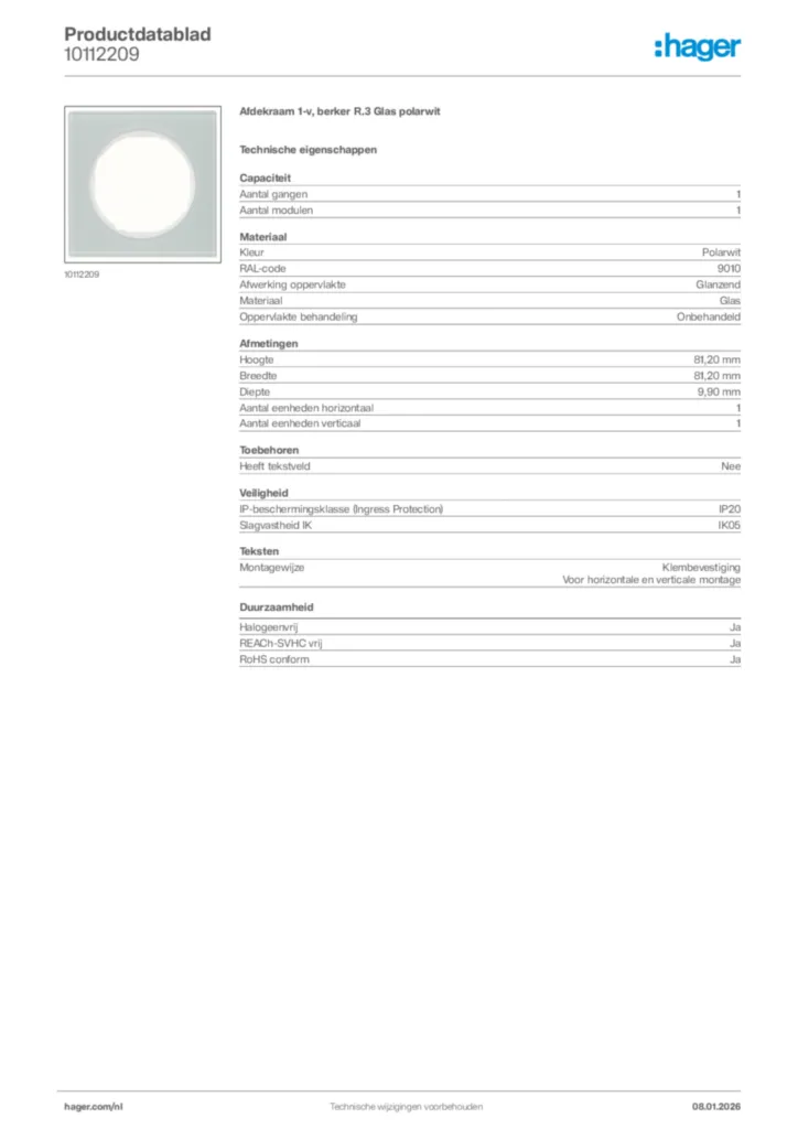 Afbeelding Hager Productdatablad 10112209 | Hager Nederland
