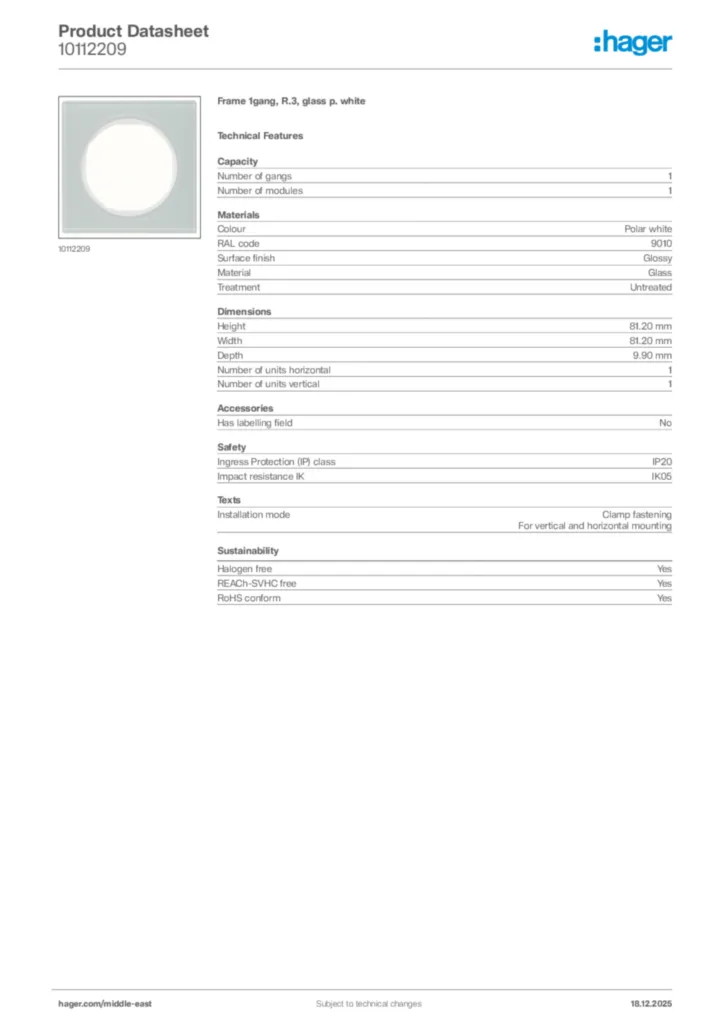 Image Hager Product data sheet 10112209  | Hager