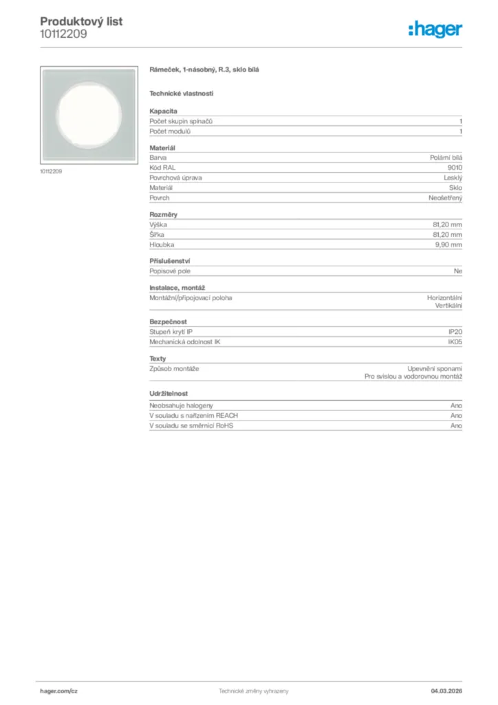 Obrázek Hager Product data sheet 10112209 | Hager