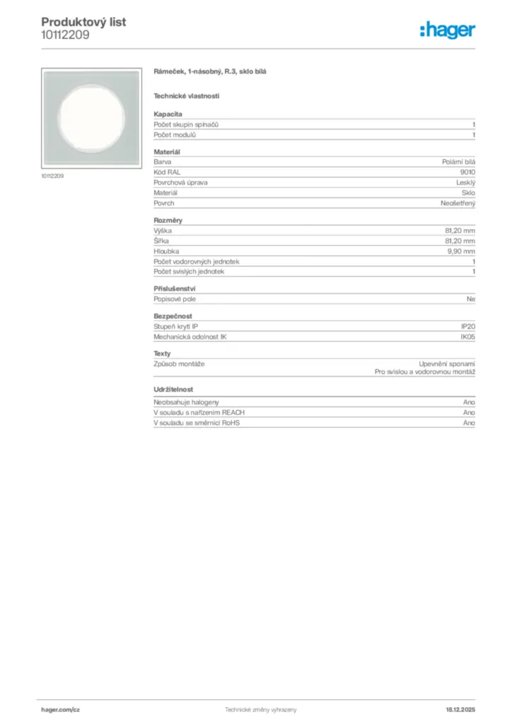 Obrázek Hager Produktový list 10112209 | Hager