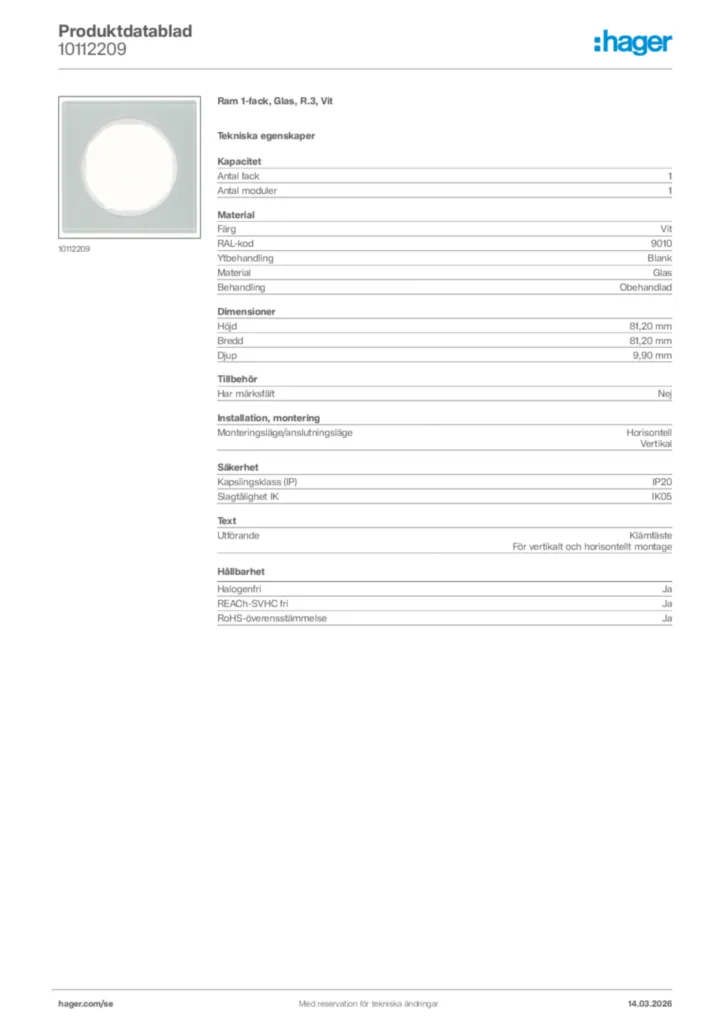 Bild Hager Produktdatablad 10112209 | Hager Sverige
