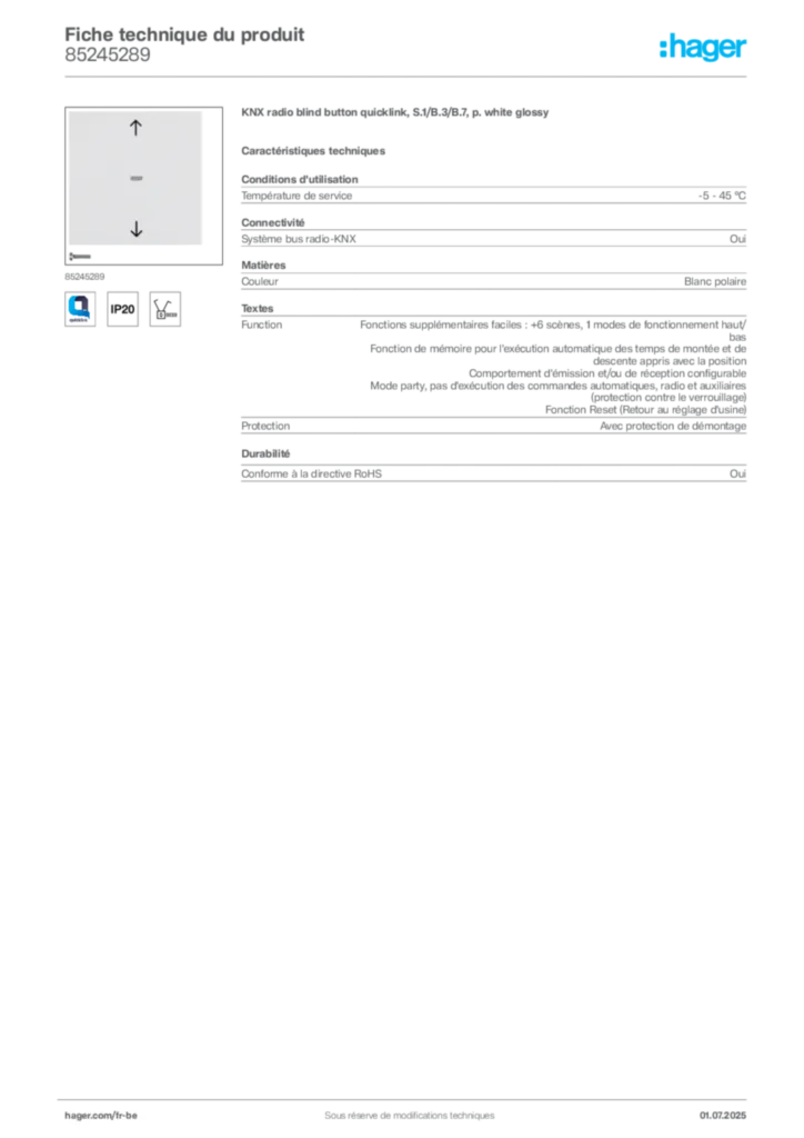 Image Hager Fiche technique du produit 85245289 | Hager Belgique