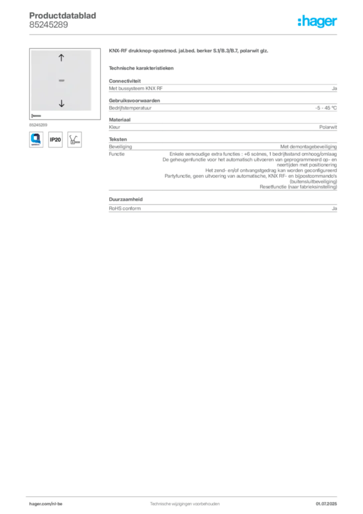 Afbeelding Hager Productdatablad 85245289 | Hager Belgium