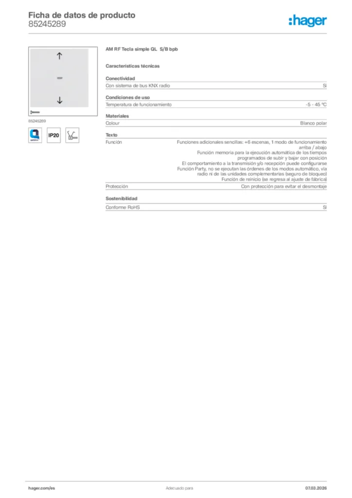 Imagen Hager Ficha de datos de producto 85245289 | Hager España