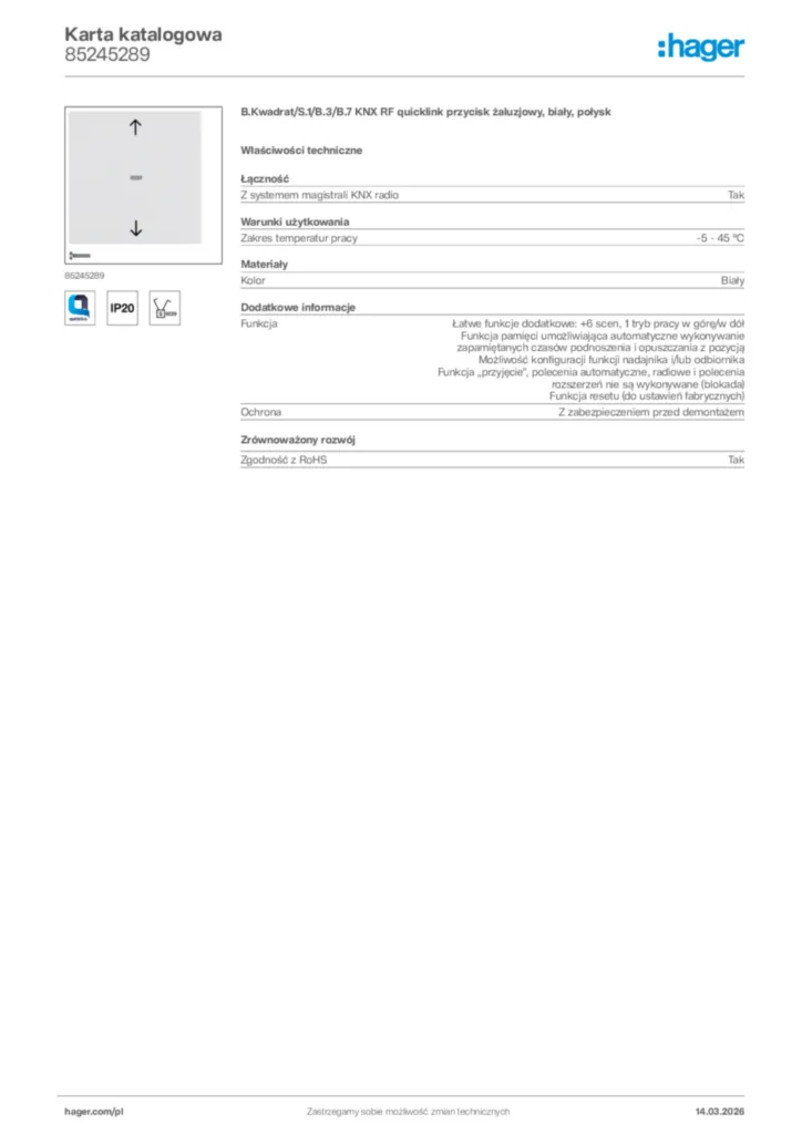 Zdjęcie Hager Karta katalogowa 85245289 | Hager Polska