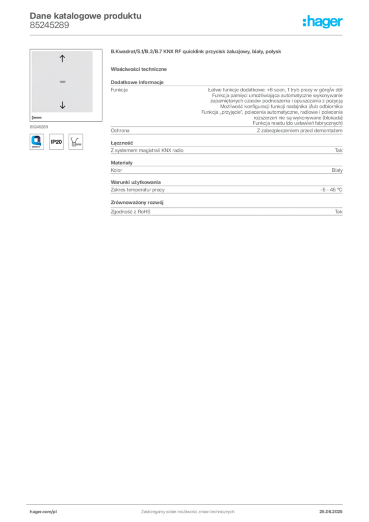 Zdjęcie Hager Karta katalogowa 85245289 | Hager Polska
