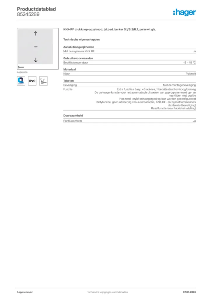Afbeelding Hager Productdatablad 85245289 | Hager Nederland