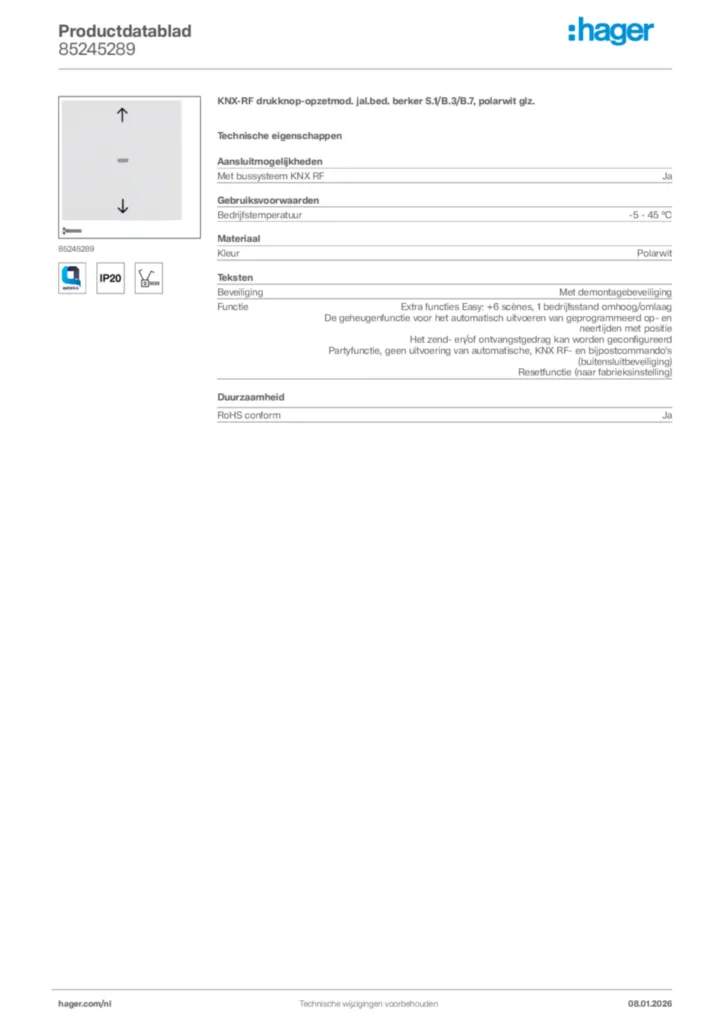 Afbeelding Hager Productdatablad 85245289 | Hager Nederland