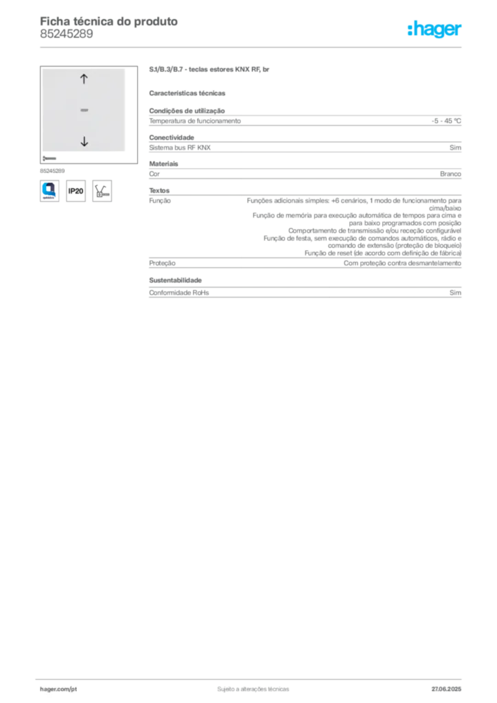 Imagem Hager Ficha técnica do produto 85245289 | Hager Portugal