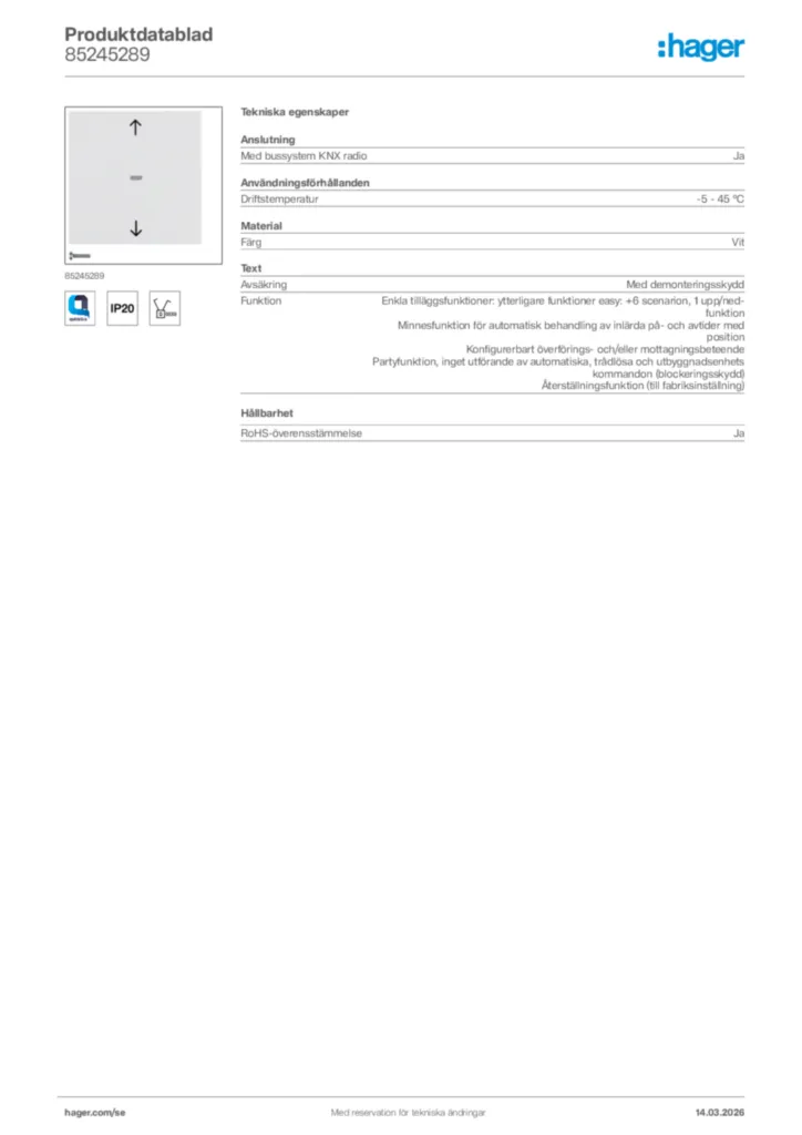 Bild Hager Produktdatablad 85245289 | Hager Sverige