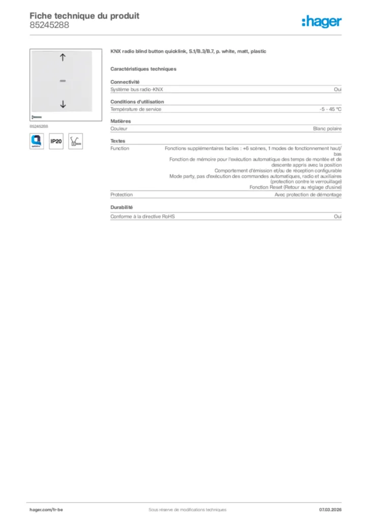 Image Hager Fiche technique du produit 85245288 | Hager Belgique