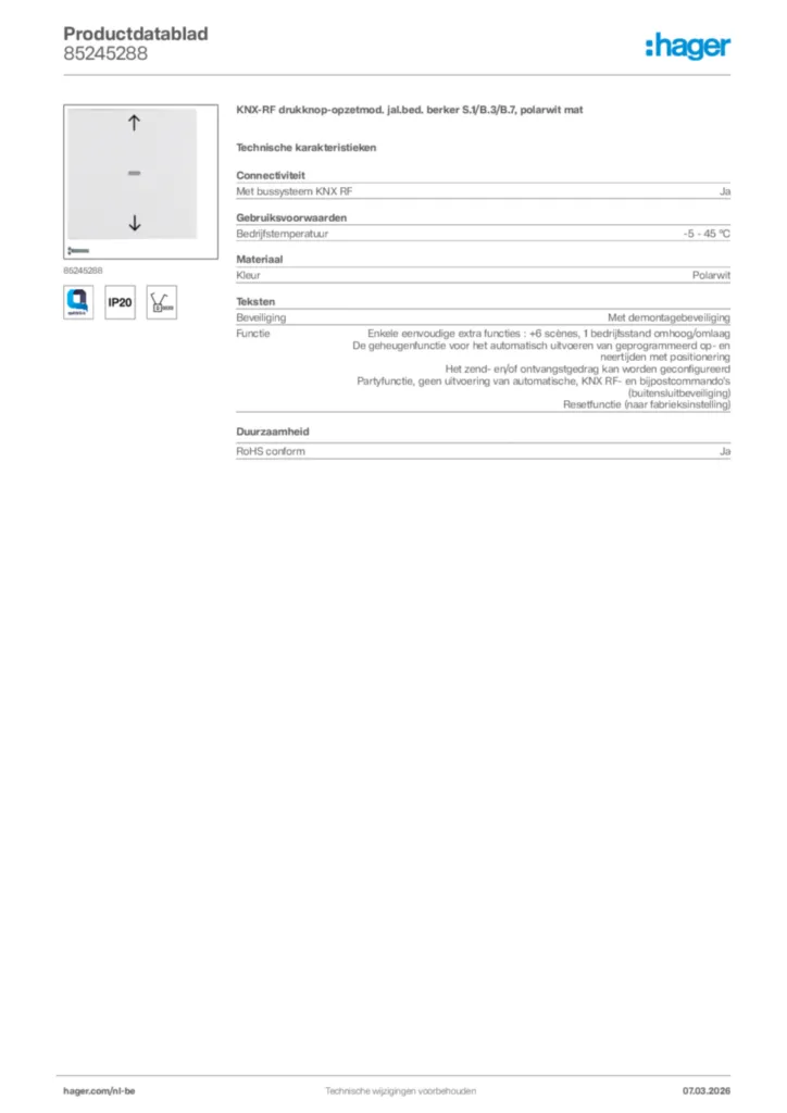 Afbeelding Hager Productdatablad 85245288 | Hager Belgium