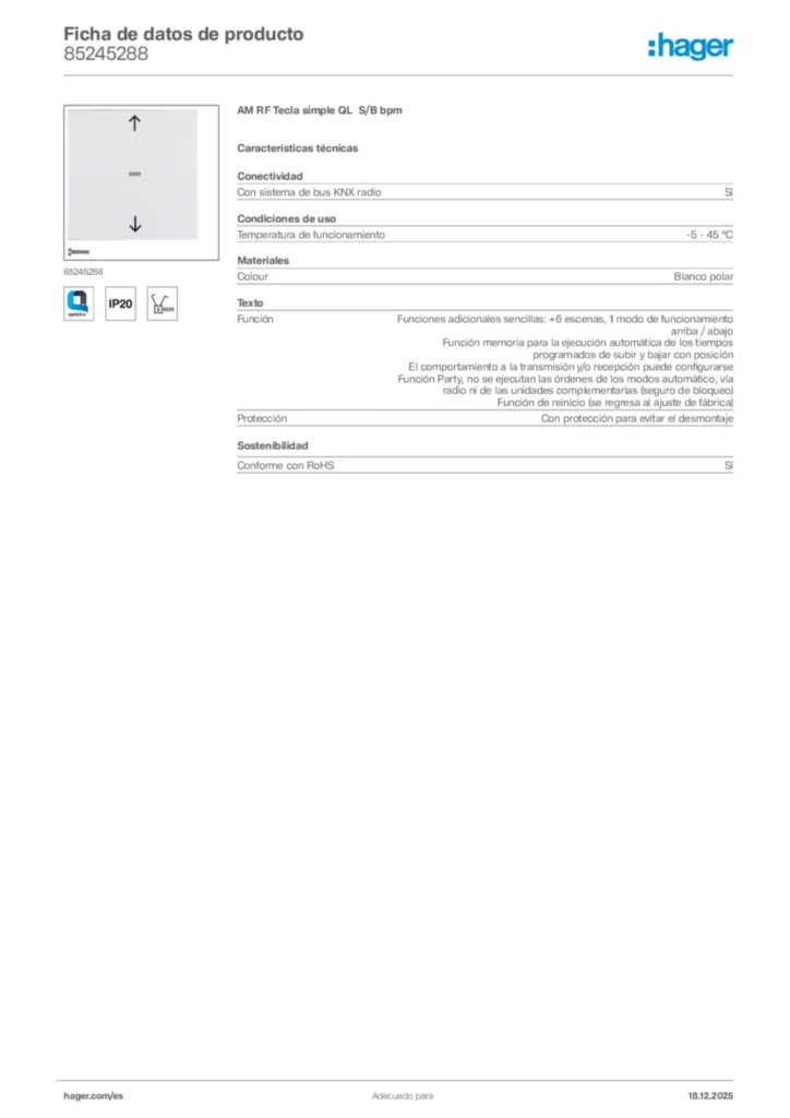 Imagen Hager Ficha de datos de producto 85245288 | Hager España