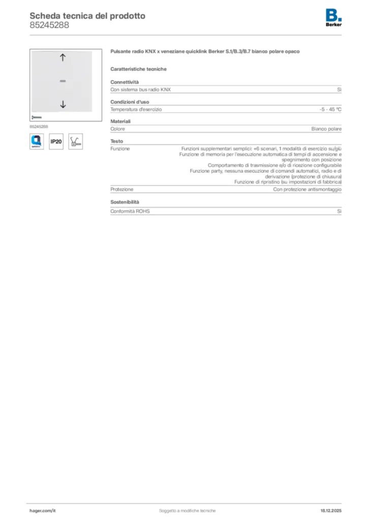 Immagine Berker Scheda tecnica del prodotto 85245288 | Hager Italia