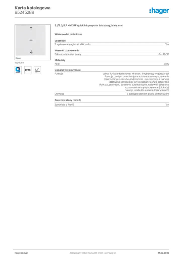 Zdjęcie Hager Karta katalogowa 85245288 | Hager Polska