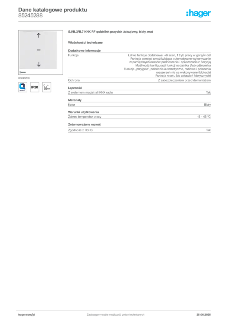 Zdjęcie Hager Karta katalogowa 85245288 | Hager Polska