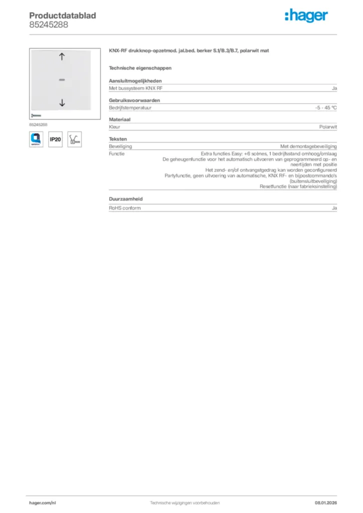 Afbeelding Hager Productdatablad 85245288 | Hager Nederland