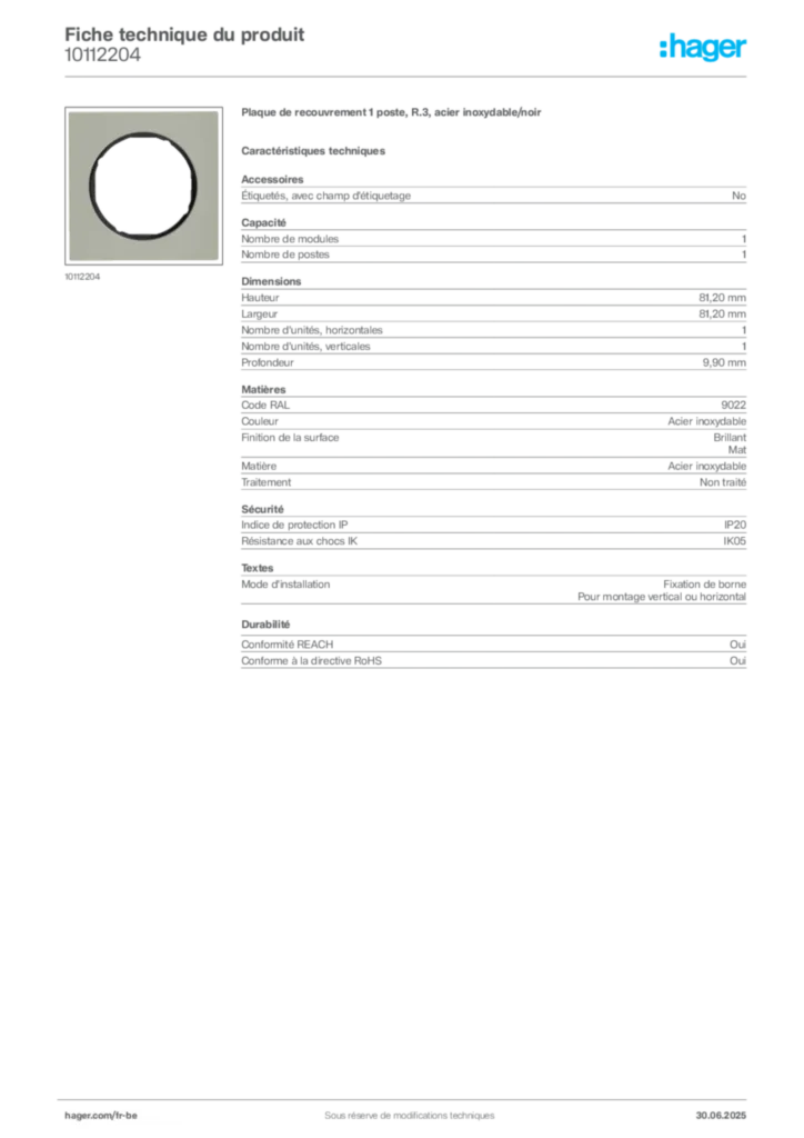 Image Hager Fiche technique du produit 10112204 | Hager Belgique