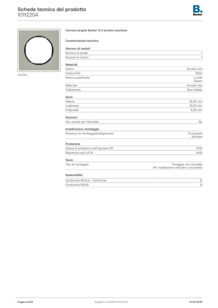 Immagine Berker Scheda tecnica del prodotto 10112204 | Hager Italia