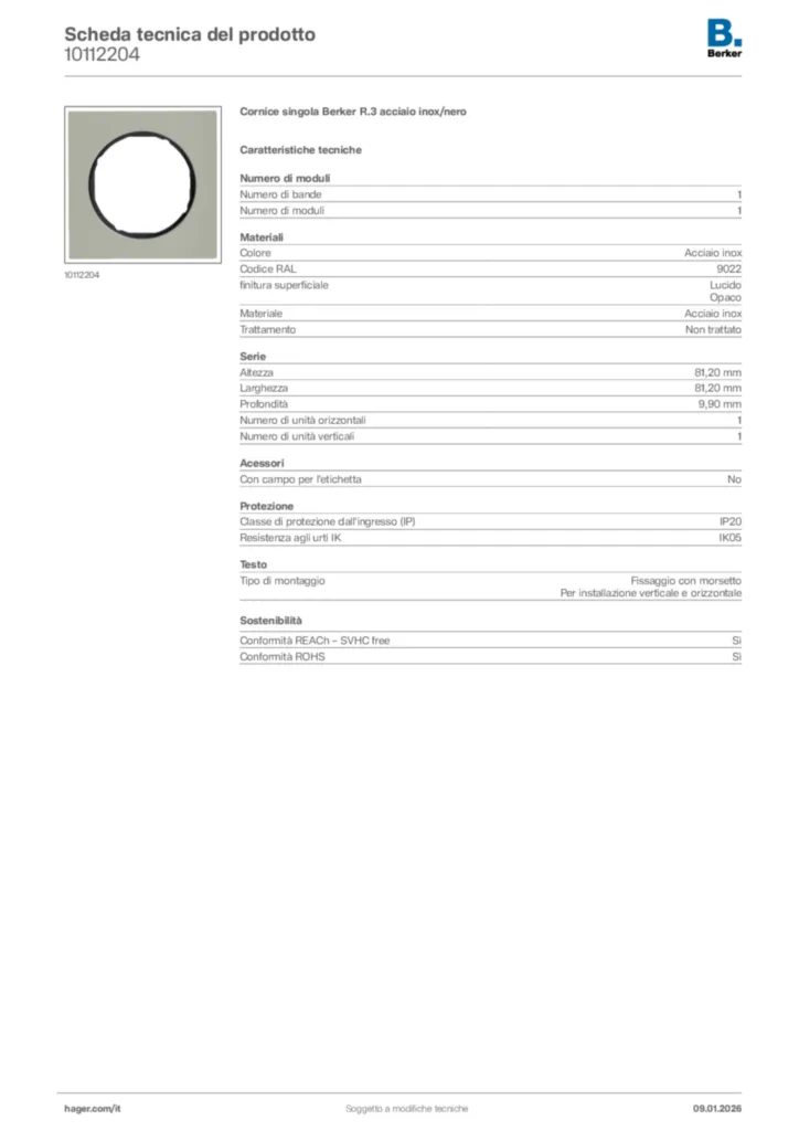 Immagine Berker Scheda tecnica del prodotto 10112204 | Hager Italia