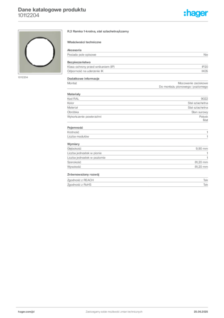 Zdjęcie Hager Karta katalogowa 10112204 | Hager Polska