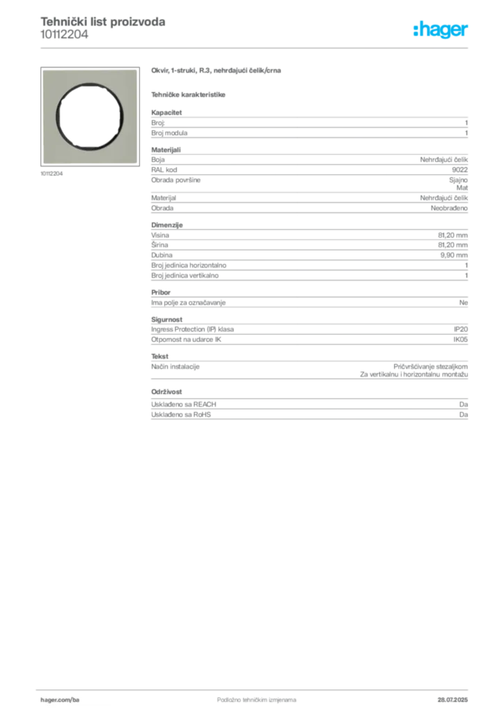 Slika Hager Product data sheet 10112204  | Hager