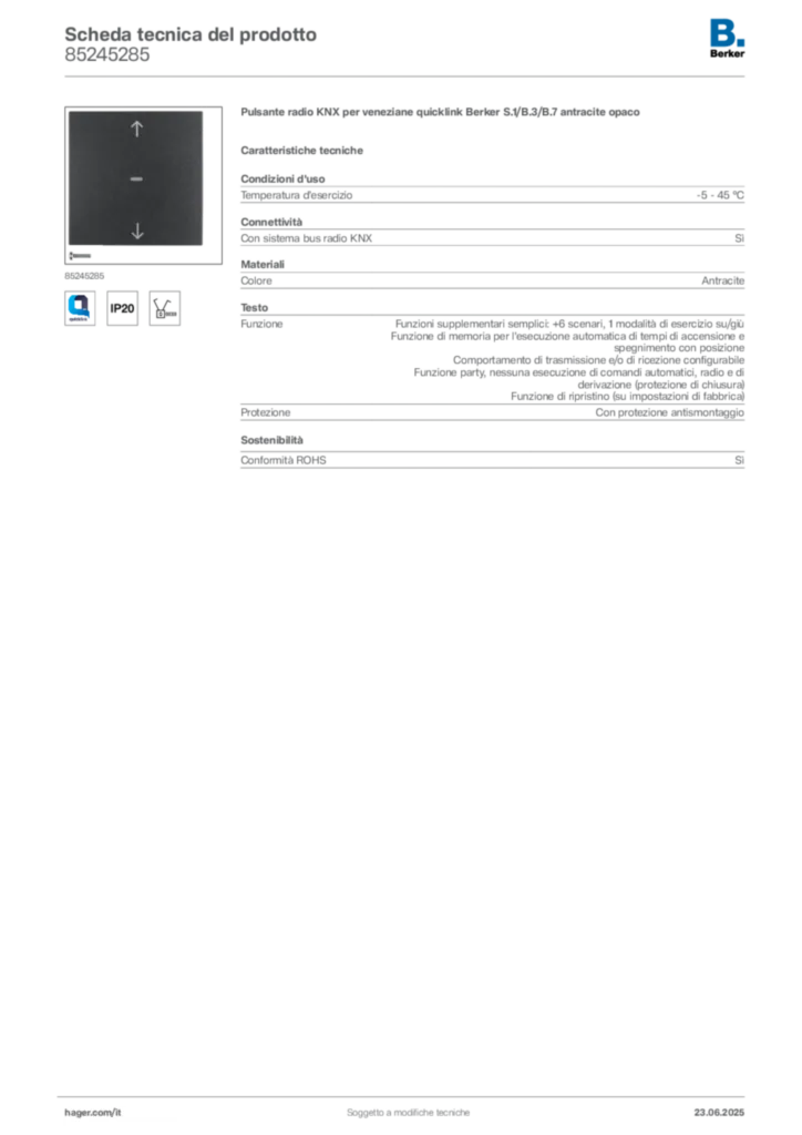 Immagine Berker Scheda tecnica del prodotto 85245285 | Hager Italia