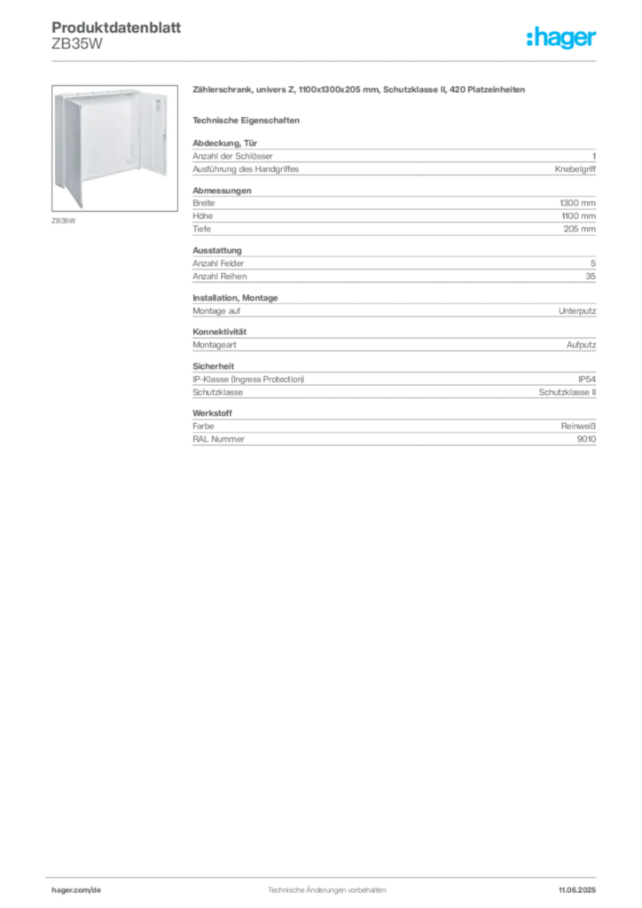 Bild Hager Produktdatenblatt ZB35W | Hager Deutschland