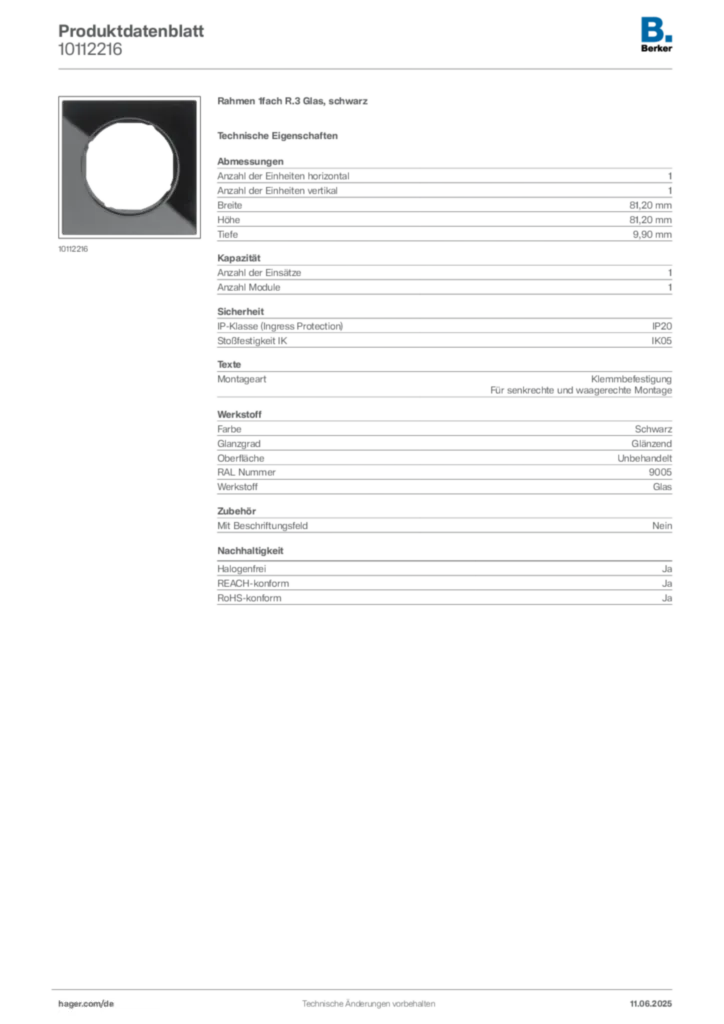 Bild Berker Produktdatenblatt 10112216 | Hager Deutschland