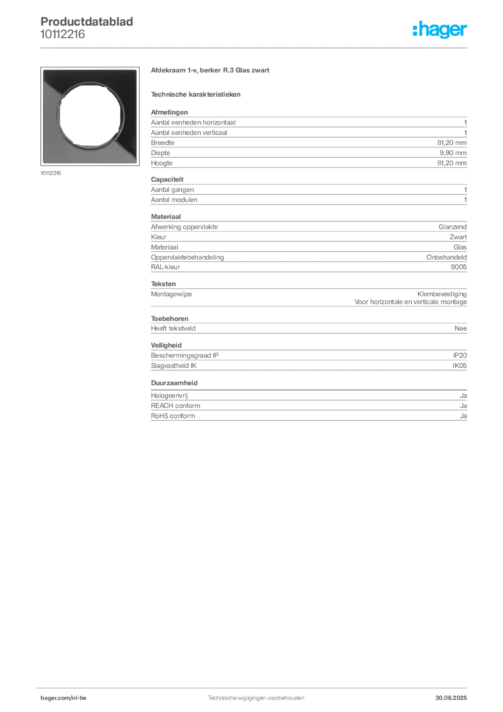 Afbeelding Hager Productdatablad 10112216 | Hager Belgium