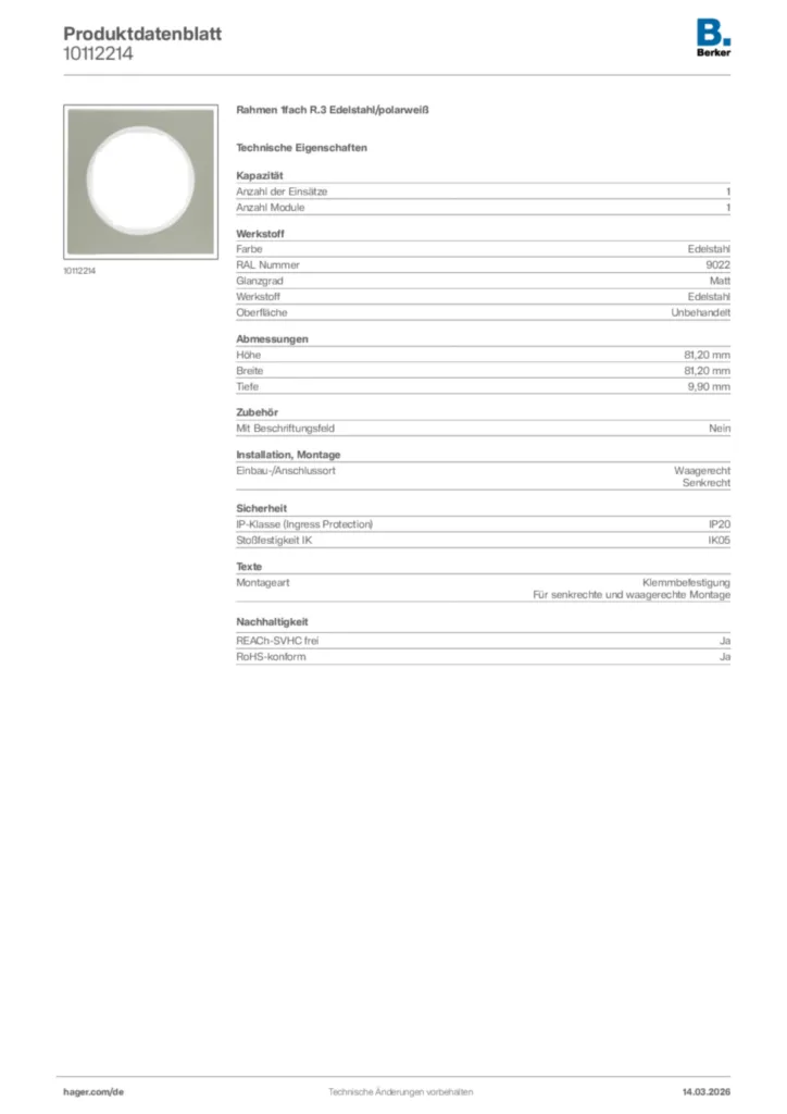 Bild Berker Produktdatenblatt 10112214 | Hager Deutschland