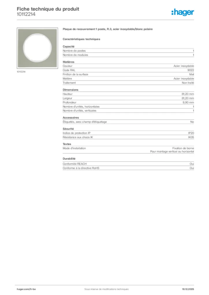 Image Hager Fiche technique du produit 10112214 | Hager Belgique